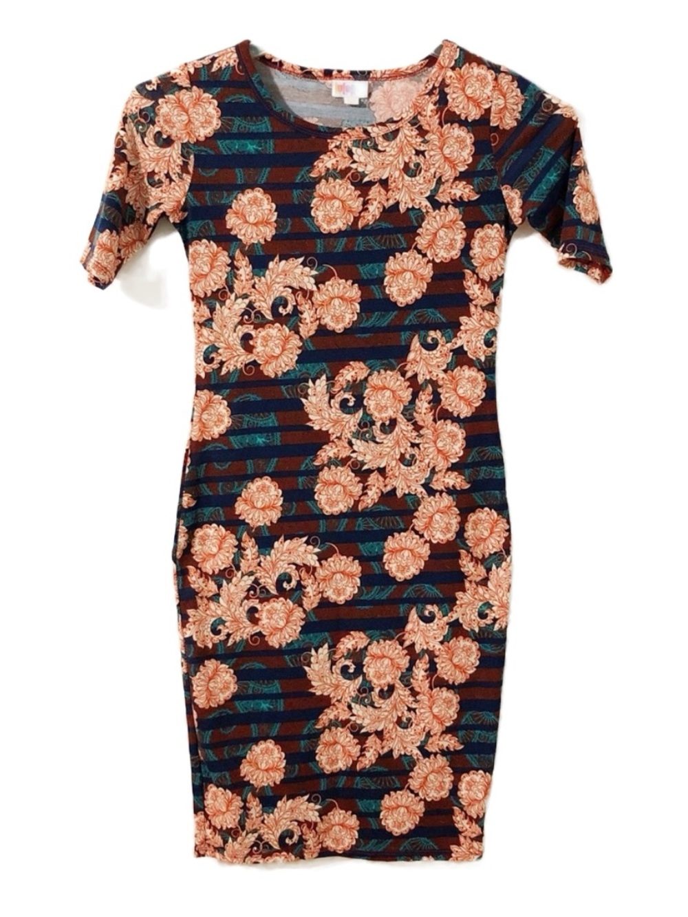 LulaRoe Irma Floral and Striped Short Sleeve Tee Shirt Dress with Scoop Neckline